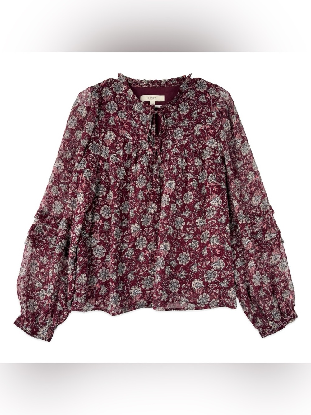 LOFT Chiffon Blouse Top‎ Womens M Medium Sheer Long Sleeves Lined Ruffle Neck